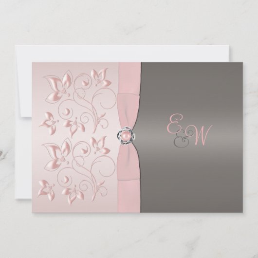 Roze, Gray Floral Monogram Weddenschap Kaart (Voorkant)