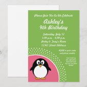 Roze Green Penguin Birthday Party Invitation Kaart (Voorkant / Achterkant)