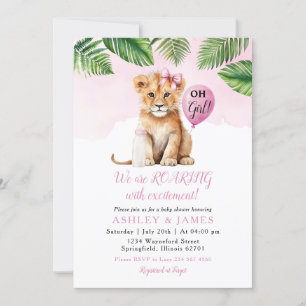 Roze Greenery Girl Lion Safari Baby shower Bow str Kaart