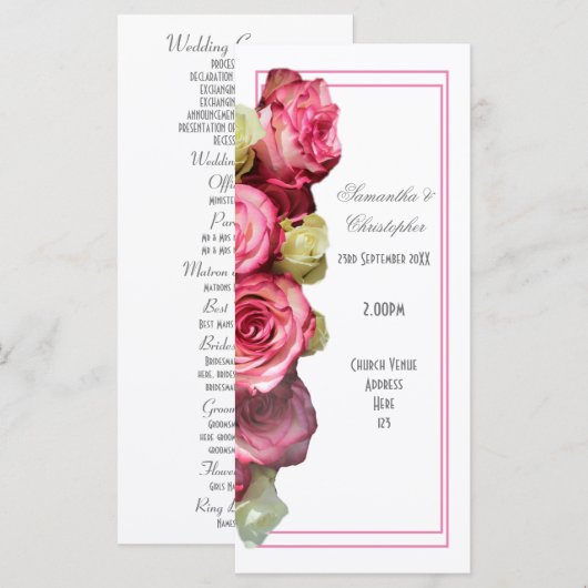 Roze grens roos kerk bruiloft programma (Voorkant / Achterkant)