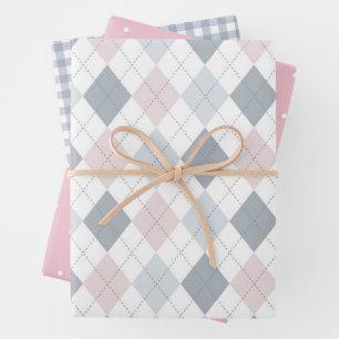 Roze Grijs Argyle Stippen Gingham Ruit - Baby Show Inpakpapier Vel