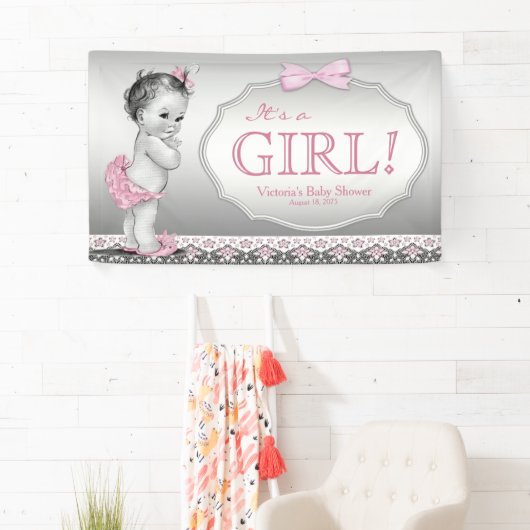 Roze Grijs  Baby Meisje Baby shower Spandoek (Insitu)