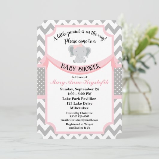 Roze Grijs Baby Meisje Douche Uitnodiging (Staand voorkant)