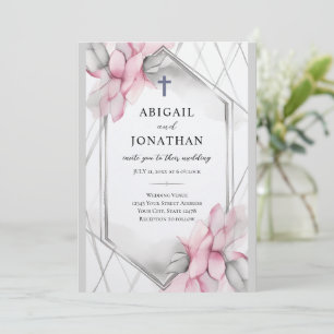 Roze Grijs Bloemen Christelijk Kruis en Bijbel Bru Kaart