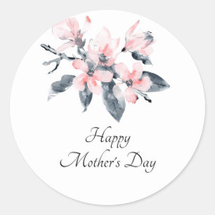 Roze & Grijs Bloemen Classy Waterverf Moederdag Ronde Sticker