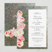 Roze & Grijs Bloemen & Zilver Glitter Bruiloft Kaart (Voorkant / Achterkant)