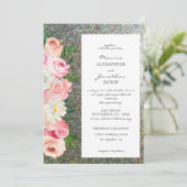 Roze & Grijs Bloemendesign & Zilver Glitter Bruilo Kaart (Staand voorkant)