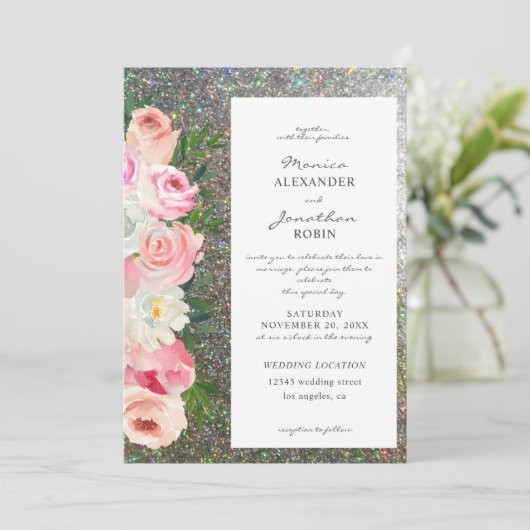 Roze & Grijs Bloemendesign & Zilver Glitter Bruilo Kaart (Staand voorkant)