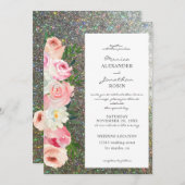 Roze & Grijs Bloemendesign & Zilver Glitter Bruilo Kaart (Voorkant / Achterkant)