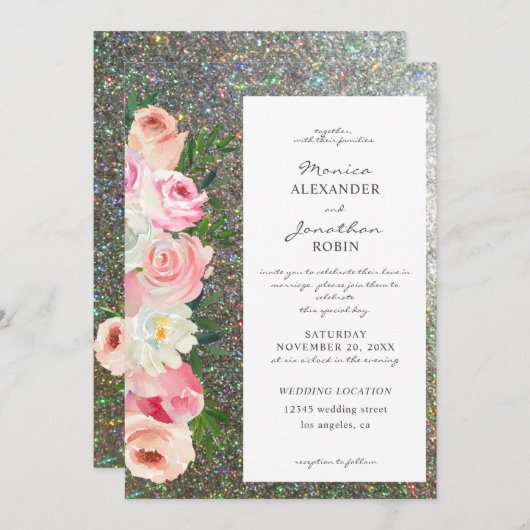 Roze & Grijs Bloemendesign & Zilver Glitter Bruilo Kaart (Voorkant / Achterkant)