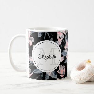 Roze & Grijs Bloemmotief Watercolor Patroon Monogr Koffiemok