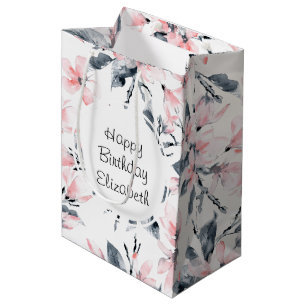 Roze & Grijs Bloemmotief Watercolor Patroon Verjaa Medium Cadeauzakje