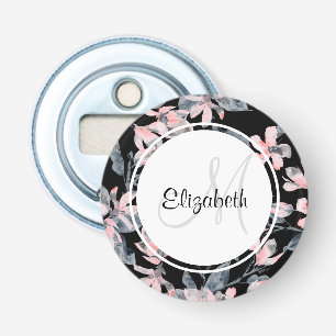 Roze & Grijs Bloemmotief Waterverf Patroon Monogra Button Flesopener