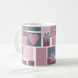 Roze grijs bruine patchwork van vierkante lapjes koffiemok