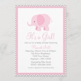Roze Grijs Chevron Olifanten Meisje Baby shower Ui Kaart