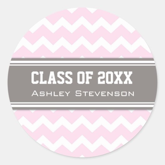 Roze Grijs Chevrons Afstuderen Aangepaste naam Ronde Sticker (Voorkant)