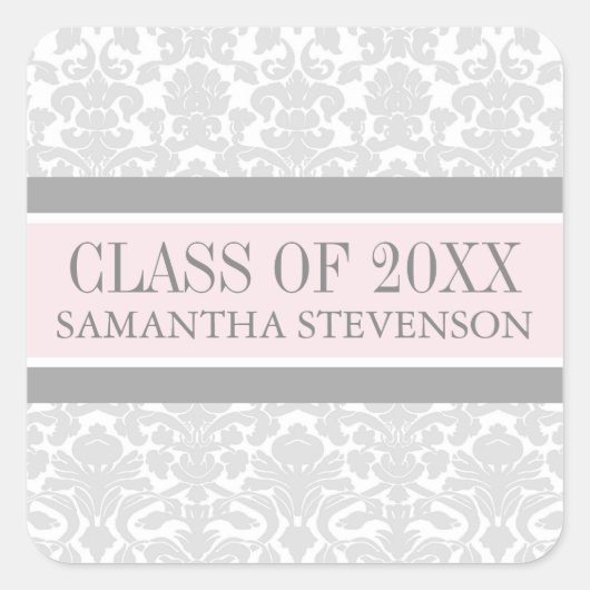 Roze Grijs Damask Afstuderen Custom Jaarnaam Vierkante Sticker (Voorkant)