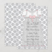 Roze Grijs Damask Baby Meisje Douche Kaart (Voorkant / Achterkant)