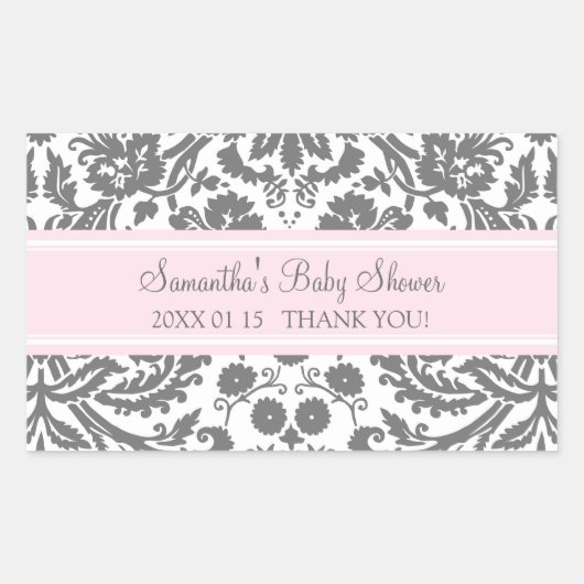 Roze Grijs Damask Baby shower Favor Stickers (Voorkant)