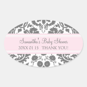 Roze Grijs Damask Baby shower Favor Stickers