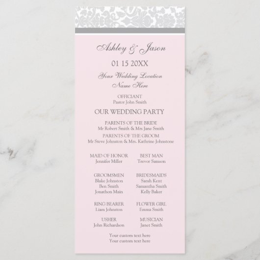 Roze Grijs Damask Wedding Program Programma (Achterkant)