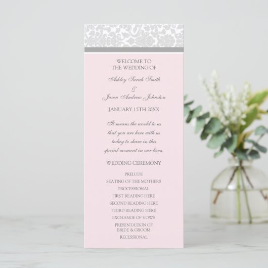 Roze Grijs Damask Wedding Program Programma (Staand voorkant)