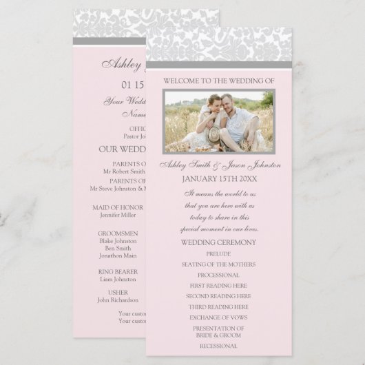 Roze Grijs Damast Foto Trouwprogramma Programma (Voorkant / Achterkant)