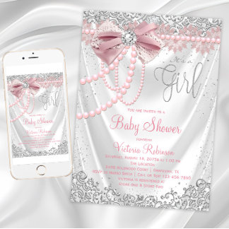 Roze Grijs Diamant Parel Meisjesachtige Baby Showe Kaart
