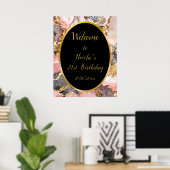 Roze, Grijs en Goud Marmeren Agaat Verjaardagsfees Poster (Thuiskantoor)