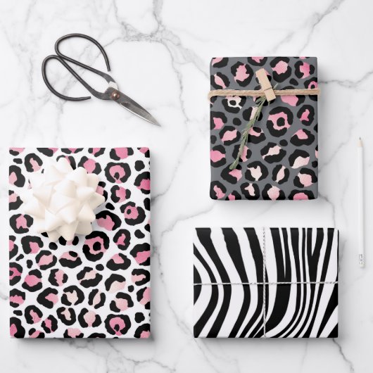 Roze, grijs en zwart Safari Animal Print Inpakpapier Vel (Voorkant)