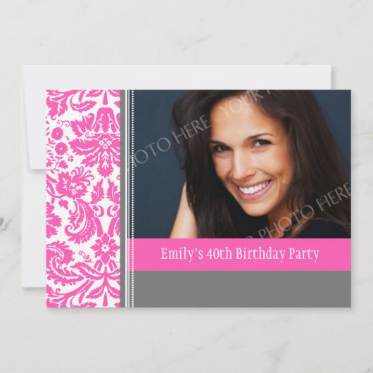 Roze grijs Foto 40th Birthday Party Invitation Kaart (Voorkant)