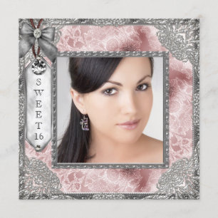 Roze Grijs Foto Sweet 16 Verjaardagsfeest Kaart