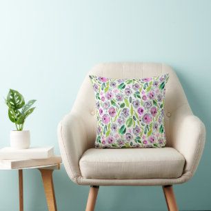 Roze Grijs Groen Boho Waterverf Bloem Botanisch Kussen