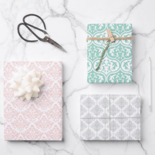 Roze Grijs Groen Meisje Damask Print Custom Inpakpapier Vel