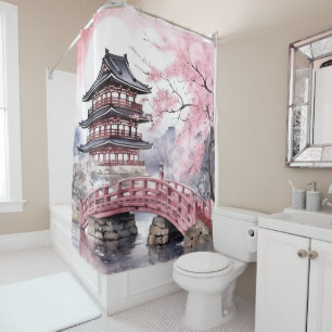 Roze Grijs Japanse Sakura Bloesems Pagoda Douchegordijn