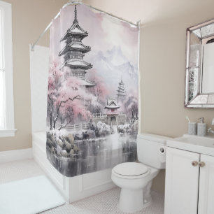 Roze Grijs Japanse Sakura Bloesems Pagoda Douchegordijn