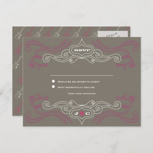 Roze & Grijs Rock 'n' Roll Muziek Thema Bruiloft Uitnodiging Briefkaart (Voorkant / Achterkant)