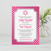 Roze, grijze Bat Mitzvah-uitnodiging met polka-sti Kaart (Staand voorkant)