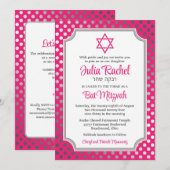 Roze, grijze Bat Mitzvah-uitnodiging met polka-sti Kaart (Voorkant / Achterkant)