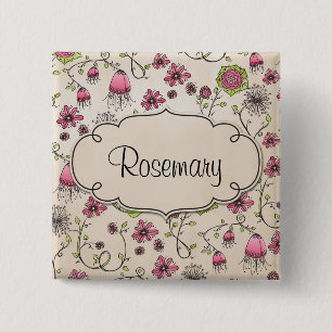 Roze grijze bloemen met lijst voor naam vierkante button 5,1 cm