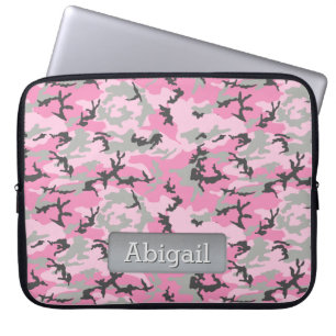 Roze grijze Camo Pattern Persoonlijke naam Laptop Sleeve