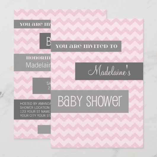 Roze grijze Chevron Custom Baby Shower Invitaties Kaart (Voorkant / Achterkant)