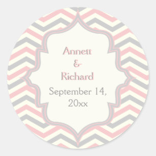 Roze, grijze chevron zigzag bruiloft Save the Date Ronde Sticker
