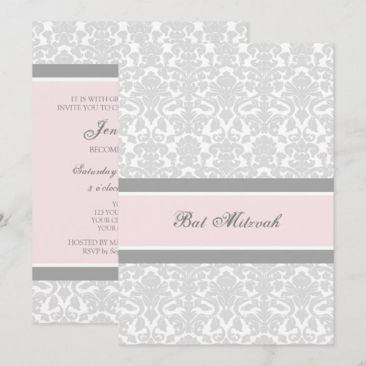 Roze grijze Damask Bat Mitzvah uitnodigingen (Voorkant / Achterkant)