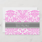 Roze grijze Damask Douane Baby Shower Invitaties Kaart (Voorkant)