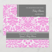 Roze grijze Damask Douane Baby Shower Invitaties Kaart (Voorkant / Achterkant)