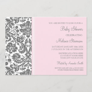 Roze grijze Damask Douane Baby Shower Invitaties Kaart