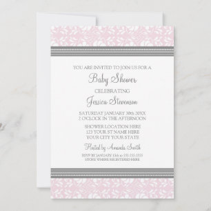 Roze grijze Damask Douane Baby Shower Invitaties Kaart