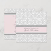 Roze grijze Damask Douane Baby Shower Invitaties Kaart (Voorkant / Achterkant)