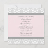 Roze grijze Damask Douane Baby Shower Invitaties Kaart (Achterkant)